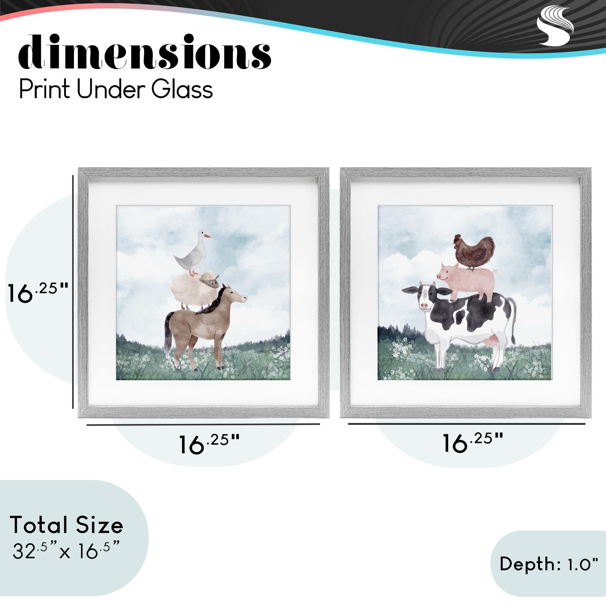 Stupell Industries Stacked Animals Blue Sky Farm 2 Piece Gray Framed Print Under Glass Set, design by Kim Allen