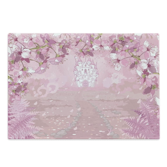 Fantasy Cutting Board, Medieval Castle Silhouette in the Middle of Flower Botany Fern Surreal Image, Decorative Tempered Glass Cutting and Serving Board, Large Size, Pale Pink, by Ambesonne