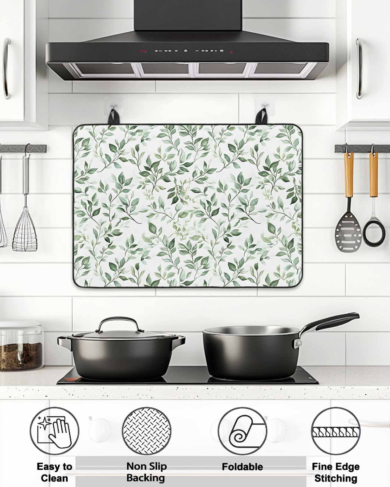 Stove Top Covers for Electric Stove, Sage Green Leaf Glass Stovetop Cover Protector, Country Eucalyptus Nature Plant Branch Induction Cooktop Protector Oven Mat for Kitchen Countertop 24"x21"
