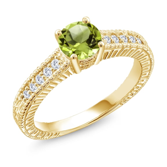 Gem Stone King 1.15 Ct Green Peridot E-F Lab Grown Diamond 18K Yellow Gold Plated Silver Ring (Size 8)