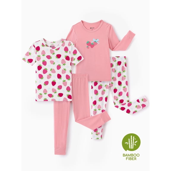 PatPat Girls Pajamas Viscose from Bamboo 4 Piece Toddler Pajama Set Strawberry Print Girl 5Y
