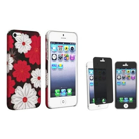 INSTEN White & Red Flower Desing on Black Rubberized Snap-on Hard Case with FREE Privacy Screen Cover for Apple iPhone 5