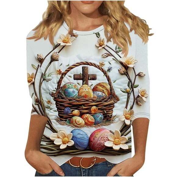 ZVAVZ Womens Tops Summer 2025,Ladies Tie Dye Rabbit Graphic Tees Shirts 3/4 Length Sleeve Scoop Neck Tees Cute Easter Holiday Flash Sale Of The Day Multicolor L