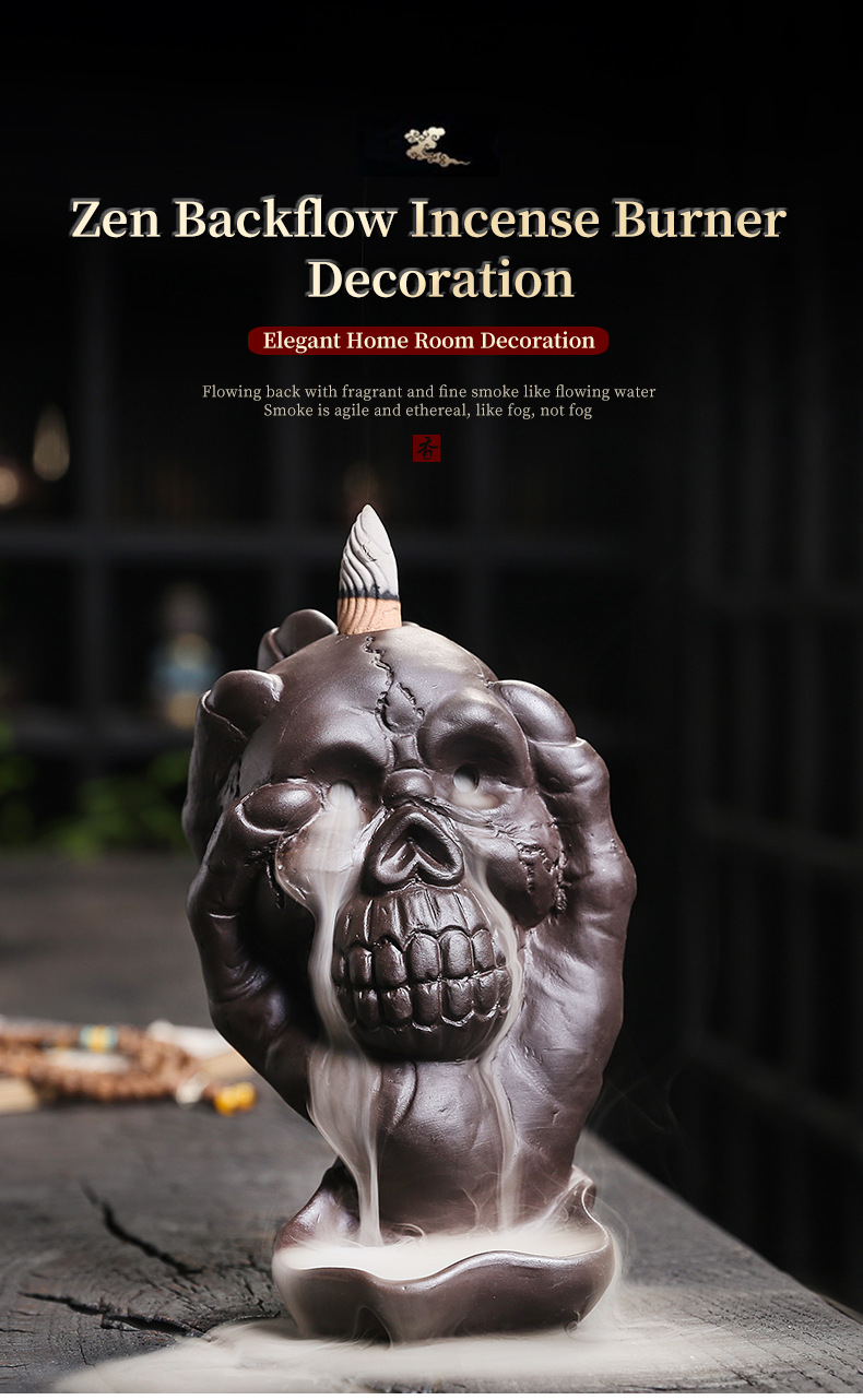Purple Sand Backflow Incense Burner Creative Skull Head Halloween Ghost Hand Incense Fragrant Holder Home Decoration