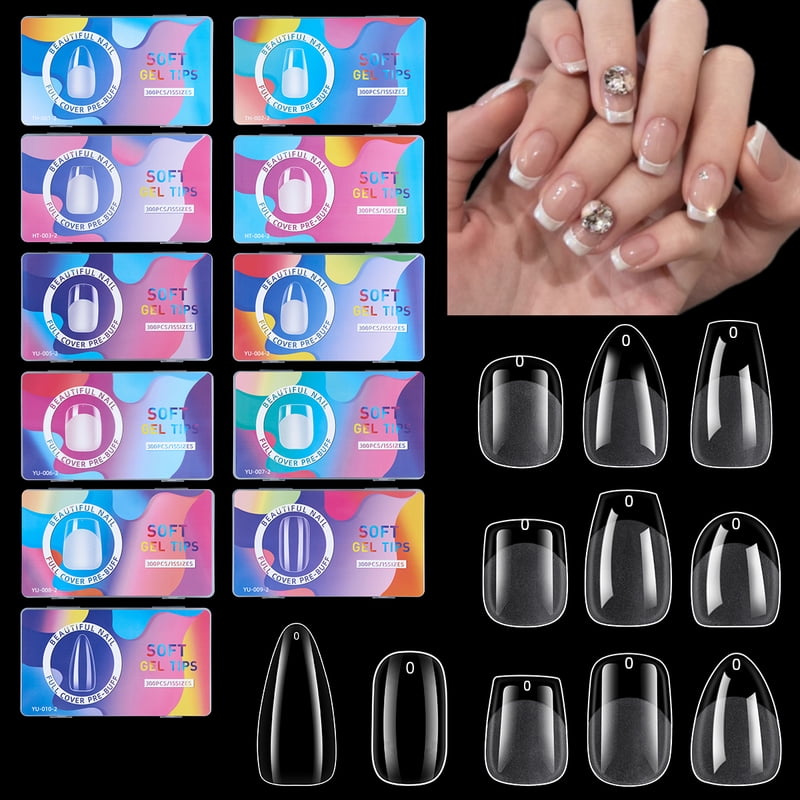 300Pcs Transparent Half Matte Soft Gel Nail Tips Full Cover Nail Gel Tips For Extension Capsules Almond Coffin False Short Nails