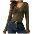 thumbnail image 1 of Top de malla transparente para mujer, manga larga, cuello alto con encaje floral, blusa transparente - Camisa ligera con capas, color negro, 1 of 4