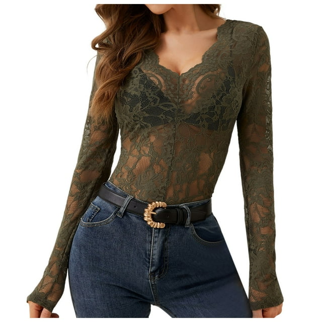 Top de malla transparente para mujer, manga larga, cuello alto con encaje floral, blusa transparente - Camisa ligera con capas, color negro