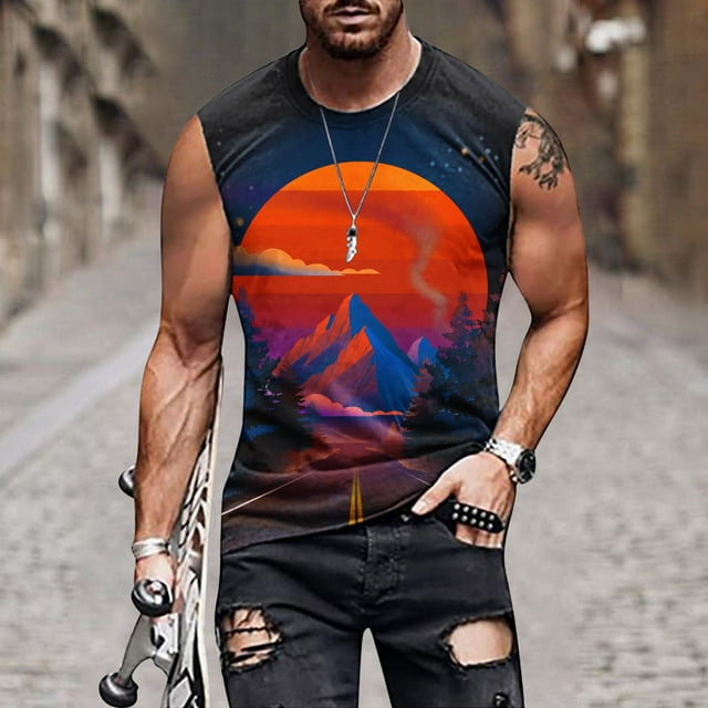 Meichang Palm Tree Tanks Tops for Mens Sunset Printed Graphic Sleeveless Beach Tank Top Muscle Shirt for Workout Gym Jogging Vacation Black XL