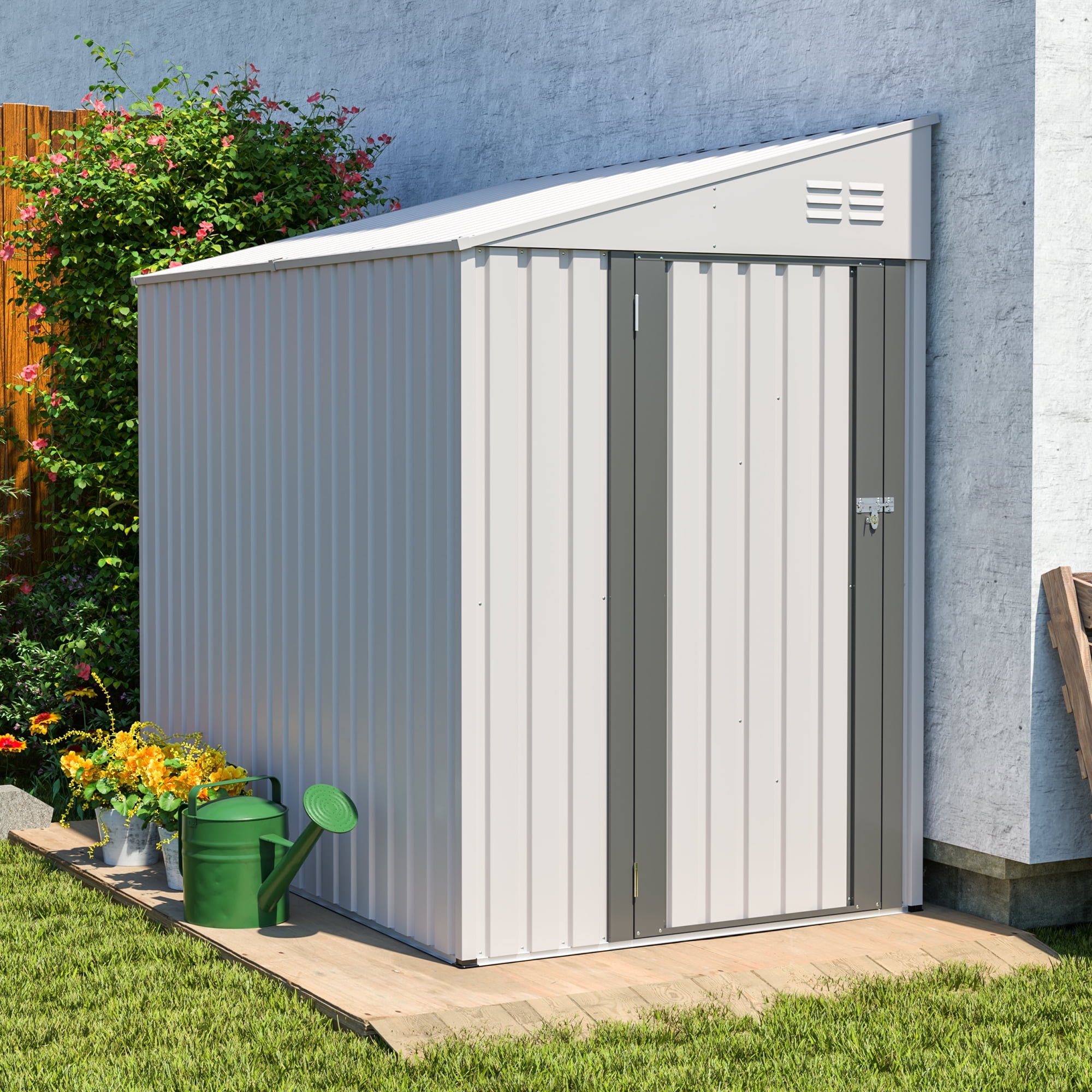 LZBEITEM 7 x 4 ft Outdoor Metal Storage Shed Lean to, Small Metal Wall Side Door Sheds & Garden Tool Shed for Garden, Backyard, White