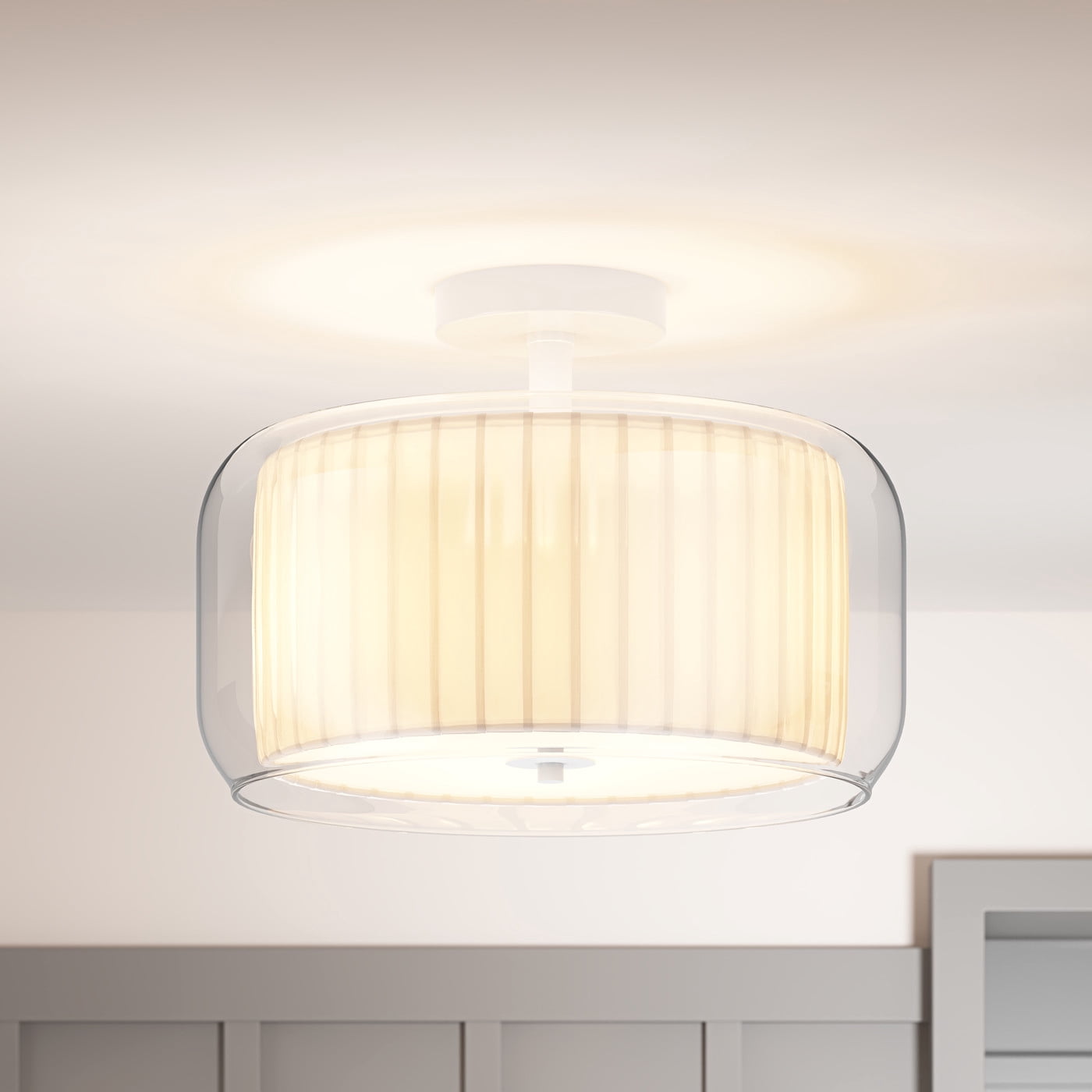 Aiwen Semi Flush Mount Ceiling Light Modern Lighting Off-White Rustic Drum Shape Ceiling Lighting with Clear Glass and Fabric Shade