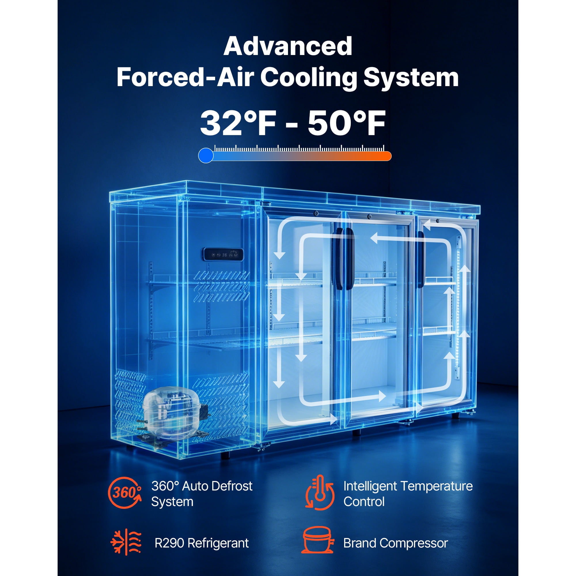 KFFKFF Counter Height Back Bar Cooler, 19.6 Cu. Ft Beverage Refrigerator with 3 Glass Doors, LED Lighting, and Fan Cooling for Commercial Use in Bars, Pubs, and Stores