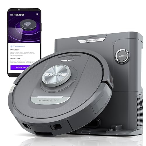 Aspiradora robot autovaciable Shark PowerDetect con tecnología NeverStuck, limpieza profunda automática de alfombras y suelos duros, capacidad XL de 60 días, base sin bolsa HEPA que neutraliza olores