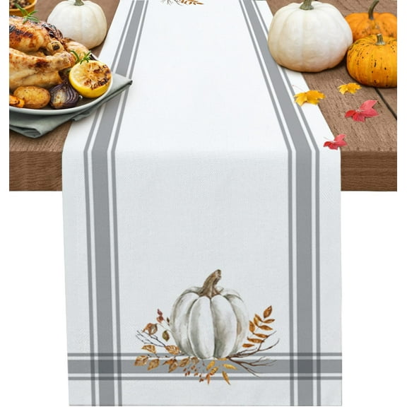 Fall Thanksgiving Table Runners 71 Inch Decorations White Pumpkin Leaf Branch Runners for Dining Tables Gray Stripes Autumn Dinner Runner Kitchen Parties Decor