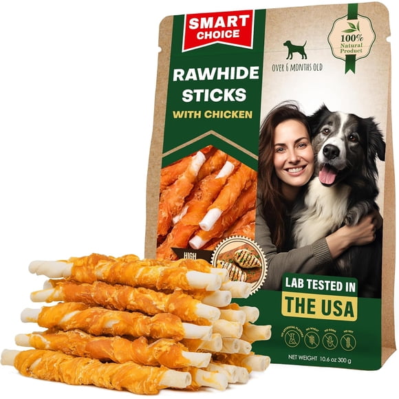 Bâtonnets de Cuir Brut pour Chien Enrobés de Poulet et Gâteries à Mâcher Naturelles pour Animaux - Viande Biologique Sans Grains et Collations Séchées de Qualité Humaine en Vrac - Meilleures Torsades pour l'Entraînement des Petits et Grands Chiens - Fabriqué aux É.-U.