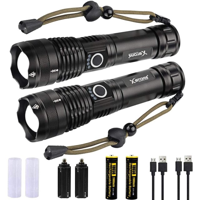 2 Set 90000 High Lumens Flashlights and Batteries LED XHP70 Rechargeable Flashlight with 5 Modes, Waterproof, Zoomable Function, Super Bright Torch Light for Outdoor Indoor Activities