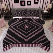 Homewish Hippie Western Aztec Queen Comforter Set for Women, Vintage Stripe Abstract Bedding Sets, Fashion Pink Buffalo Reversible Bedding Comforter Set, Super Cozy Room Decor, 3-Piece