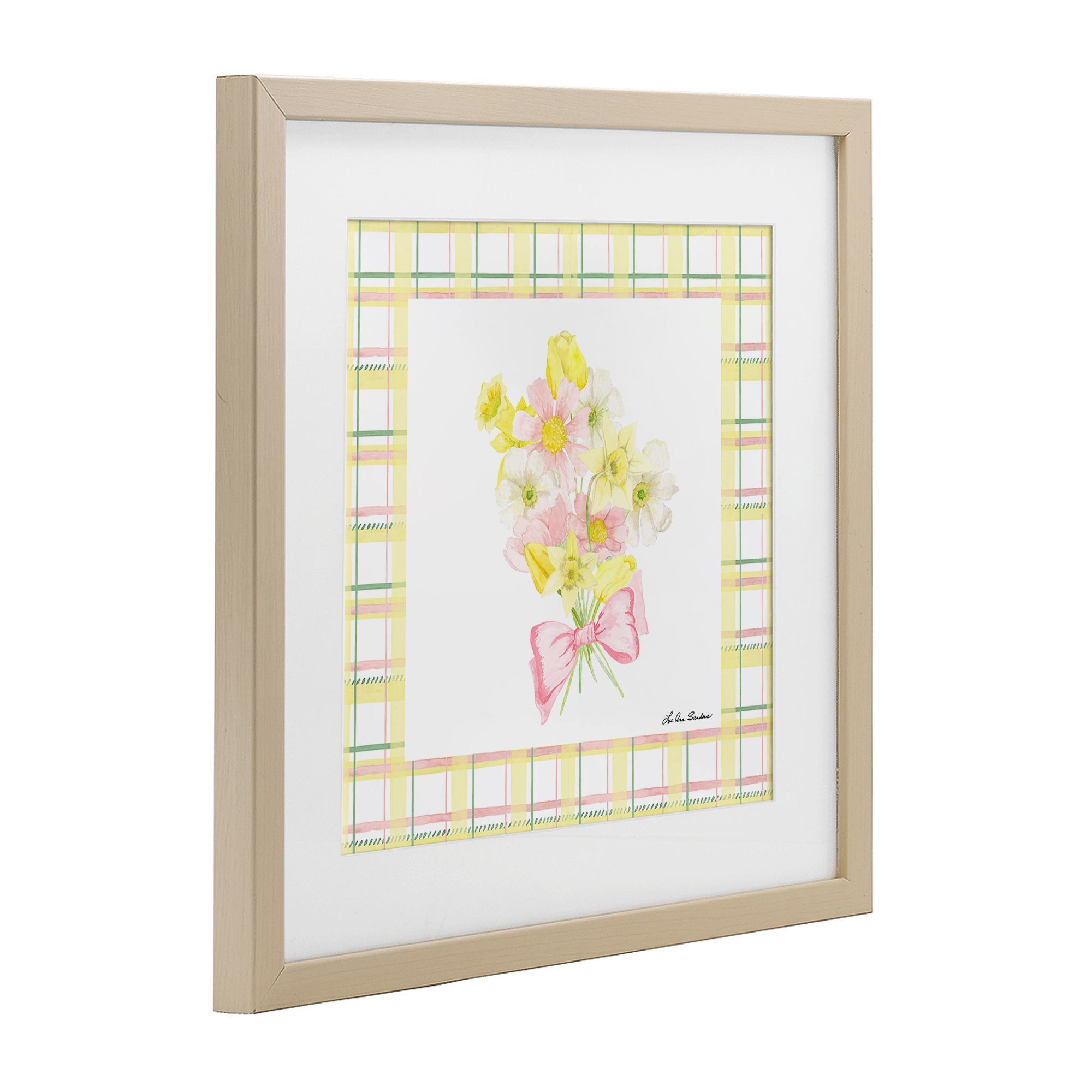 Spring Daffodils on Plaid Birch Framed Print Under Glass, design by Lee Ann Sanders