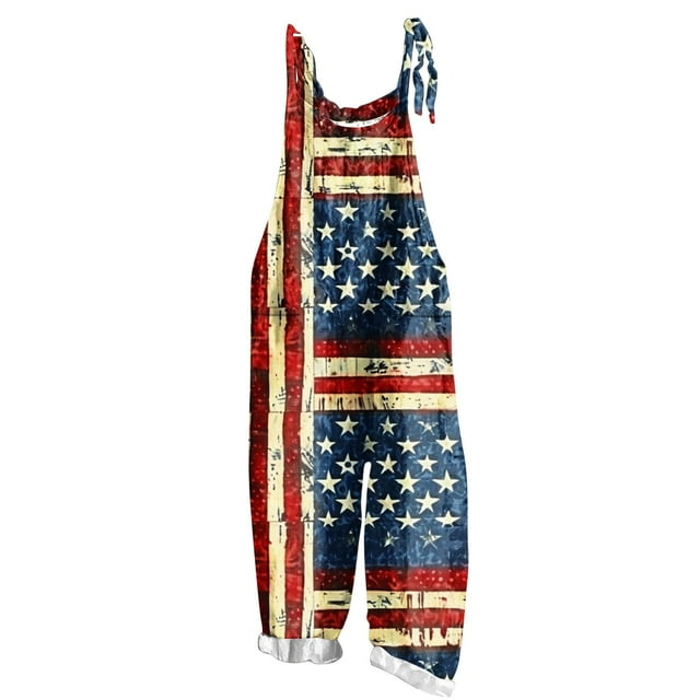 Combinaison Sans Manches Imprimée pour la Fête de l'Indépendance pour Femmes, Polyester Décontracté à Deux Poches, Longueur Régulière, Bleu, Lavage à la Main Froid