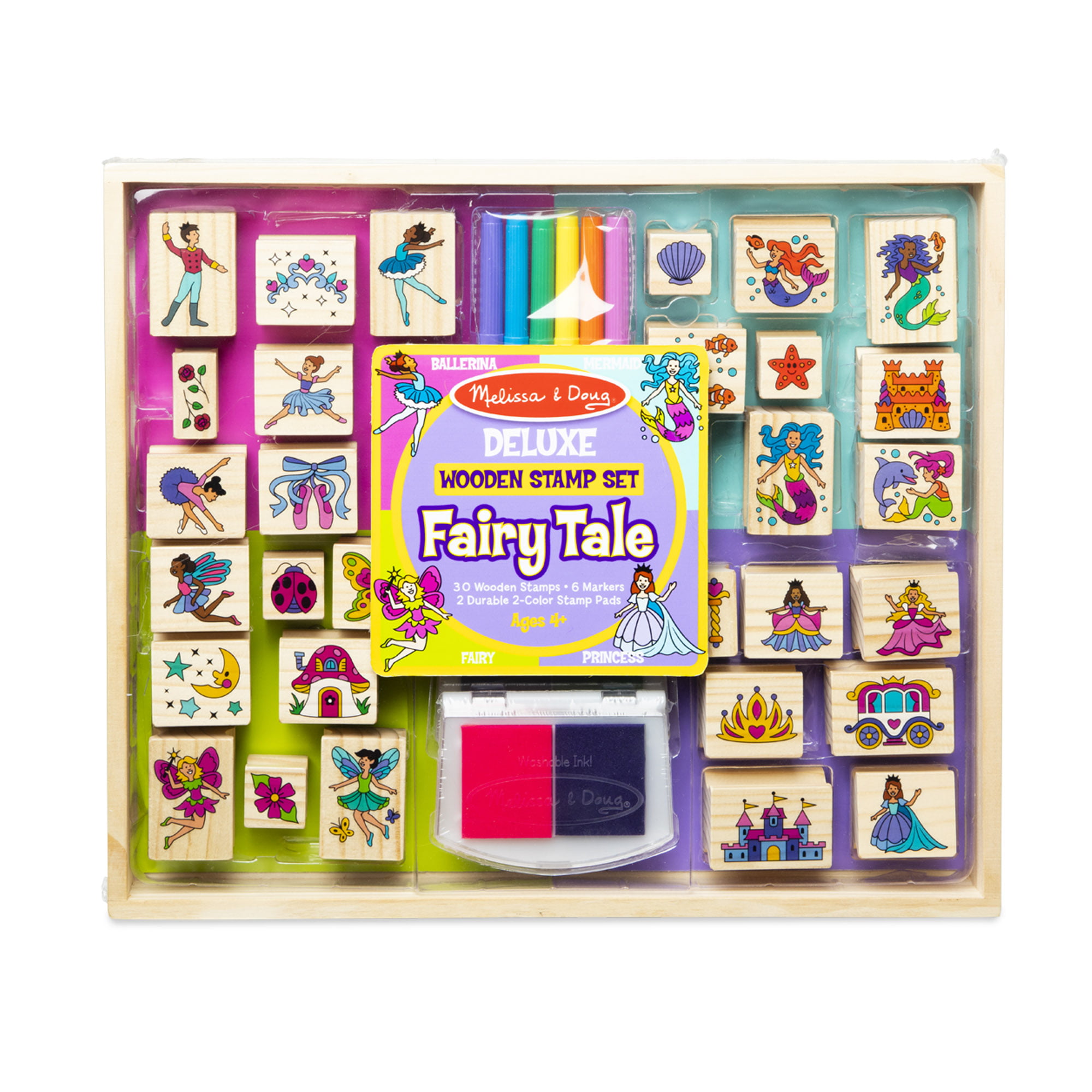 Melissa & Doug Deluxe Wooden Stamp and Coloring Set 30 Stamps, 6 Markers, 2 Durable 2-Color Stamp Pads Fairy Tale