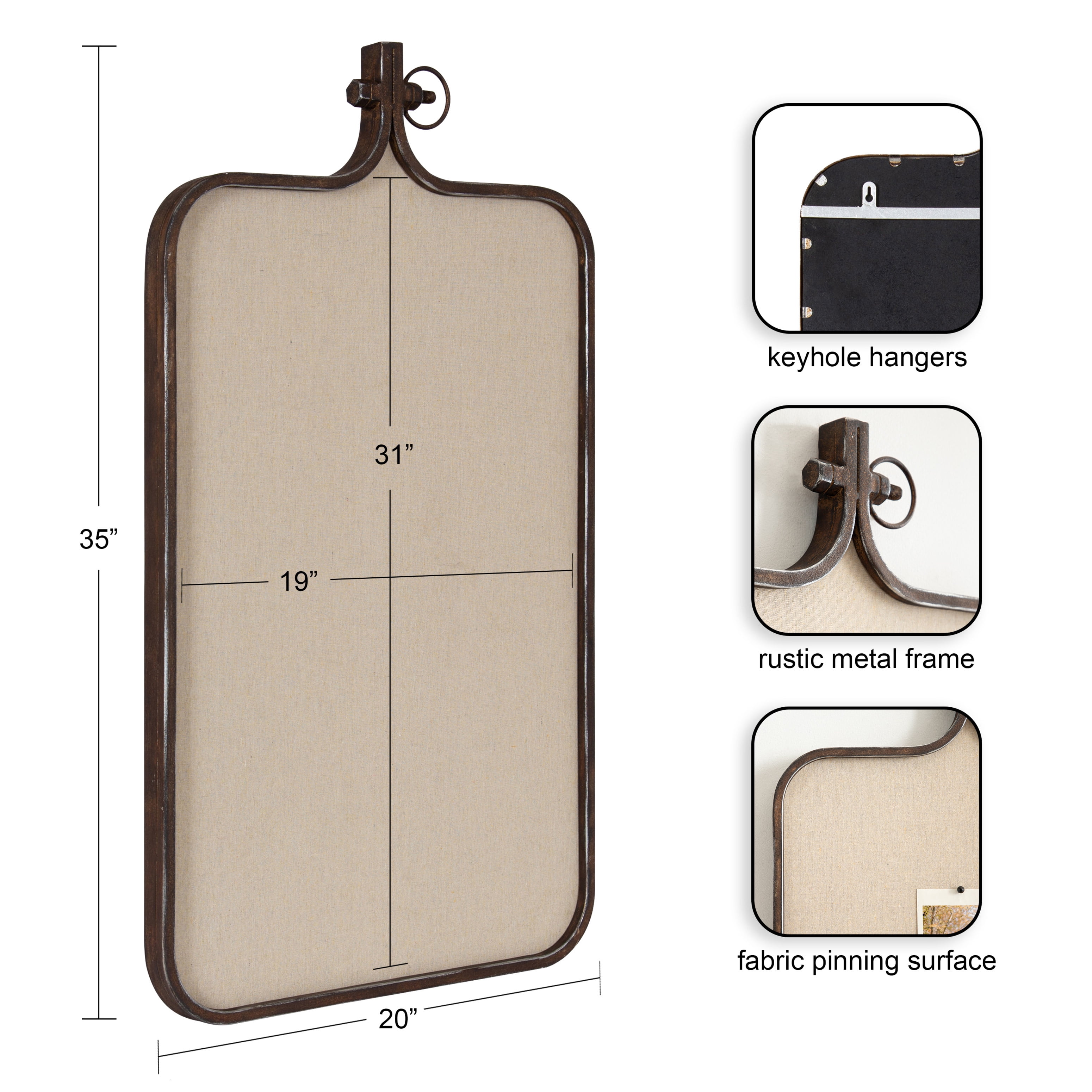 Kate and Laurel Yitro Modern Farmhouse Metal Rectangle Decorative Pinboard, 20 x 35, Rustic Bronze, Industrial Rectangular Bulletin Board with Unique Ornamental Crown