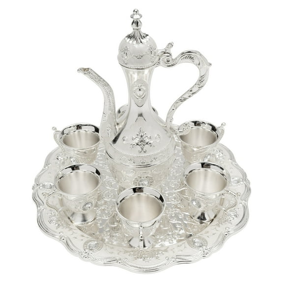 8.45Oz Antique Turkish Teapot Set 6 Cups Tea Pot Coffee Pot with Tray Silver