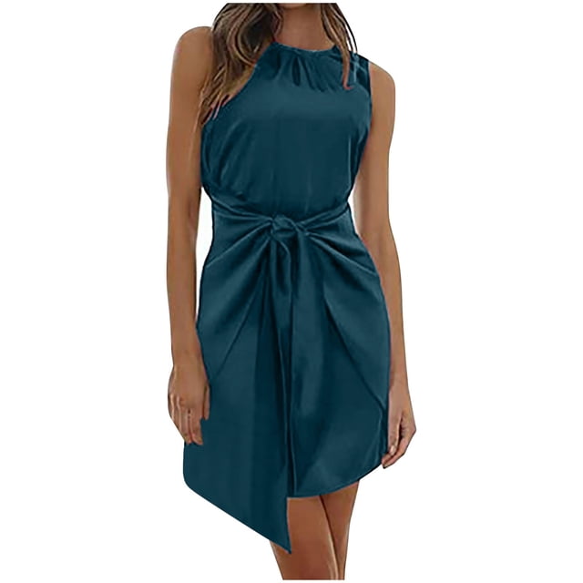 Bowake Robe en Satin pour Femmes Été Col Rond Sans Manches Ceinture Élégante Robe de Cocktail Mini