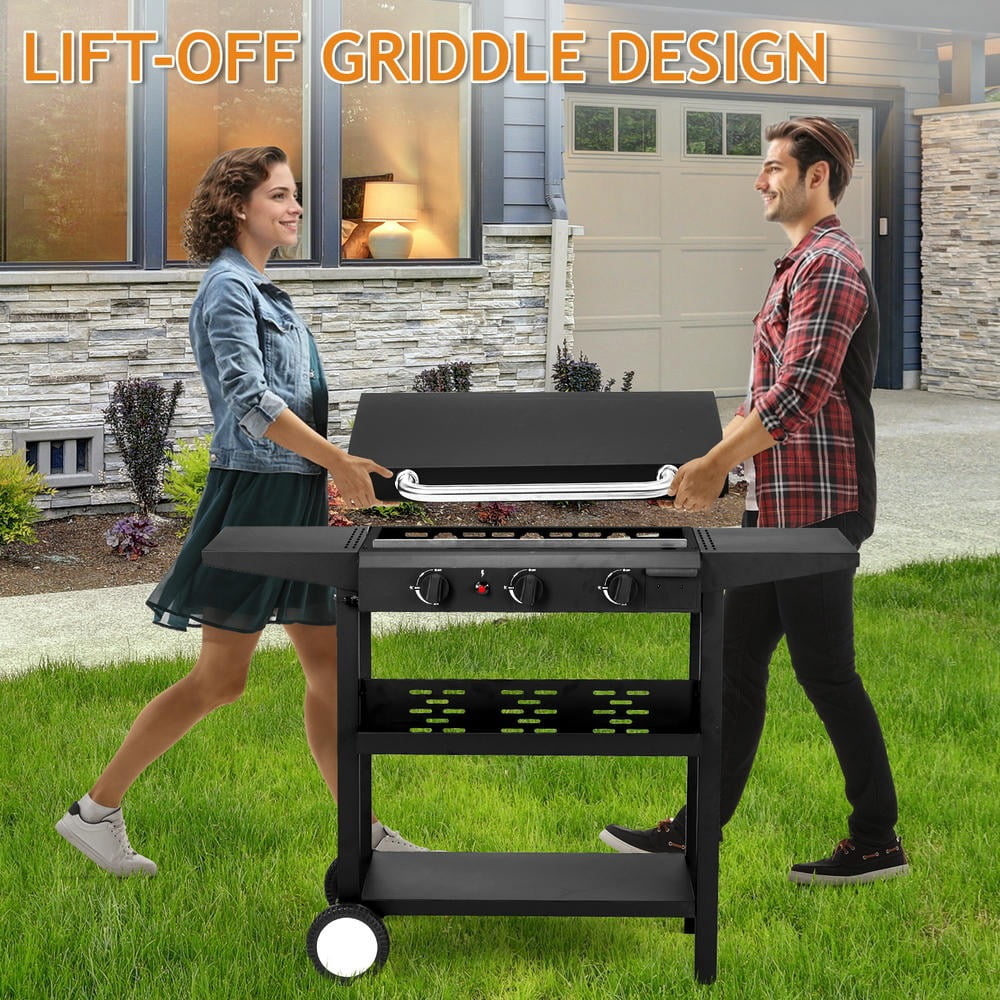 GVN 3-Burner Flat Top Gas Griddle Cooking Station with Ceramic Coated Cast Iron Pan, 30,000 BTU Propane Fuelled Griddle Station with Side Shelves & Spice Rack