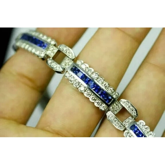 Bluebelljewels 11Ct Princess Cut Sapphire Men Tennis Bracelet 14K White Gold Finish