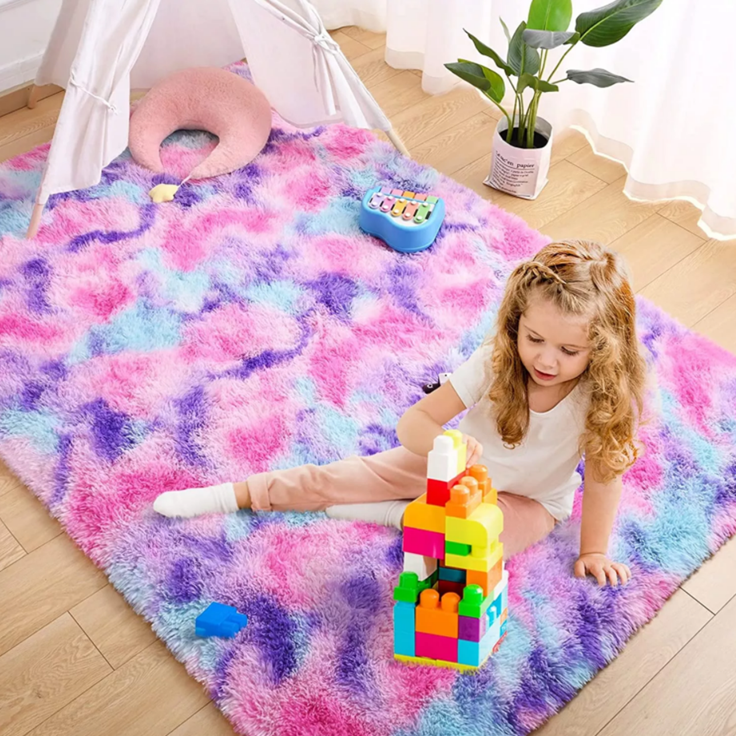 Homore Cute Fluffy Rainbow Area Rugs for Girls Room, Soft Shaggy Colorful Rugs Plush Floor Carpets Princess Rug for Bedroom,5'x8',Hot Pink