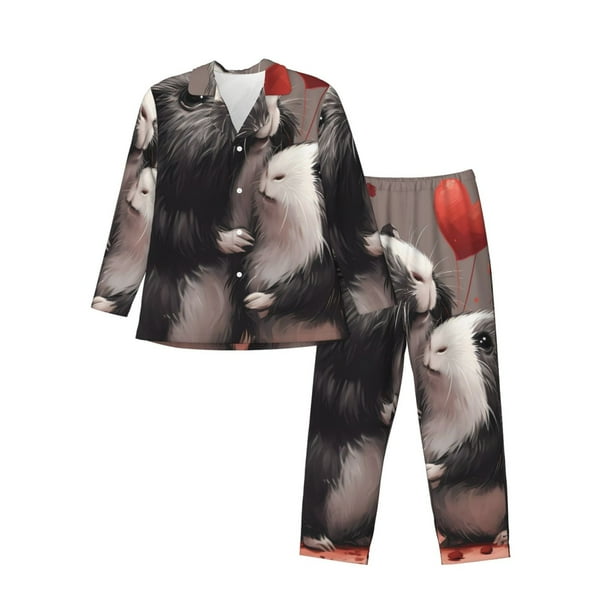 Balery Heart Guinea Pig Couple Pijama para Hombre de Dos Piezas con Manga Larga, Conjunto de Dormir y Descanso Suave con Bolsillos-X-Large