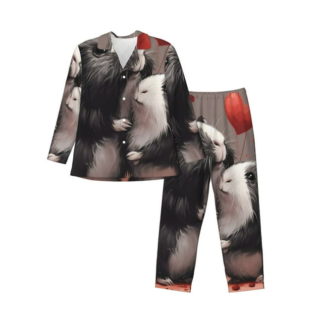 Balery Heart Guinea Pig Couple Pijama para Hombre de Dos Piezas con Manga Larga, Conjunto de Dormir y Descanso Suave con Bolsillos-Large