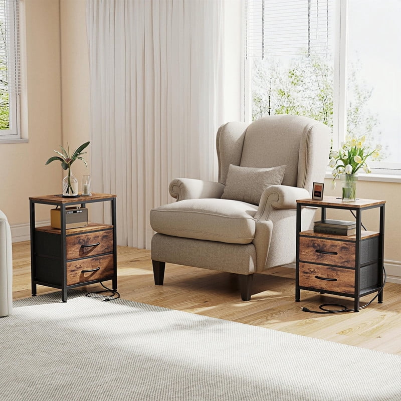 Kelno 2PCS Nightstand with 2 Fabric Drawers Charging Station USB TypeC Outlets Small Bedside Table with Open Storage Shelf, Rustic Brown