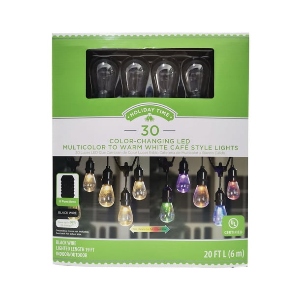 Holiday Time 20' 8-Function LED Edison-style Café D40 Christmas Lights, Multicolor to Warm White, 30 Count