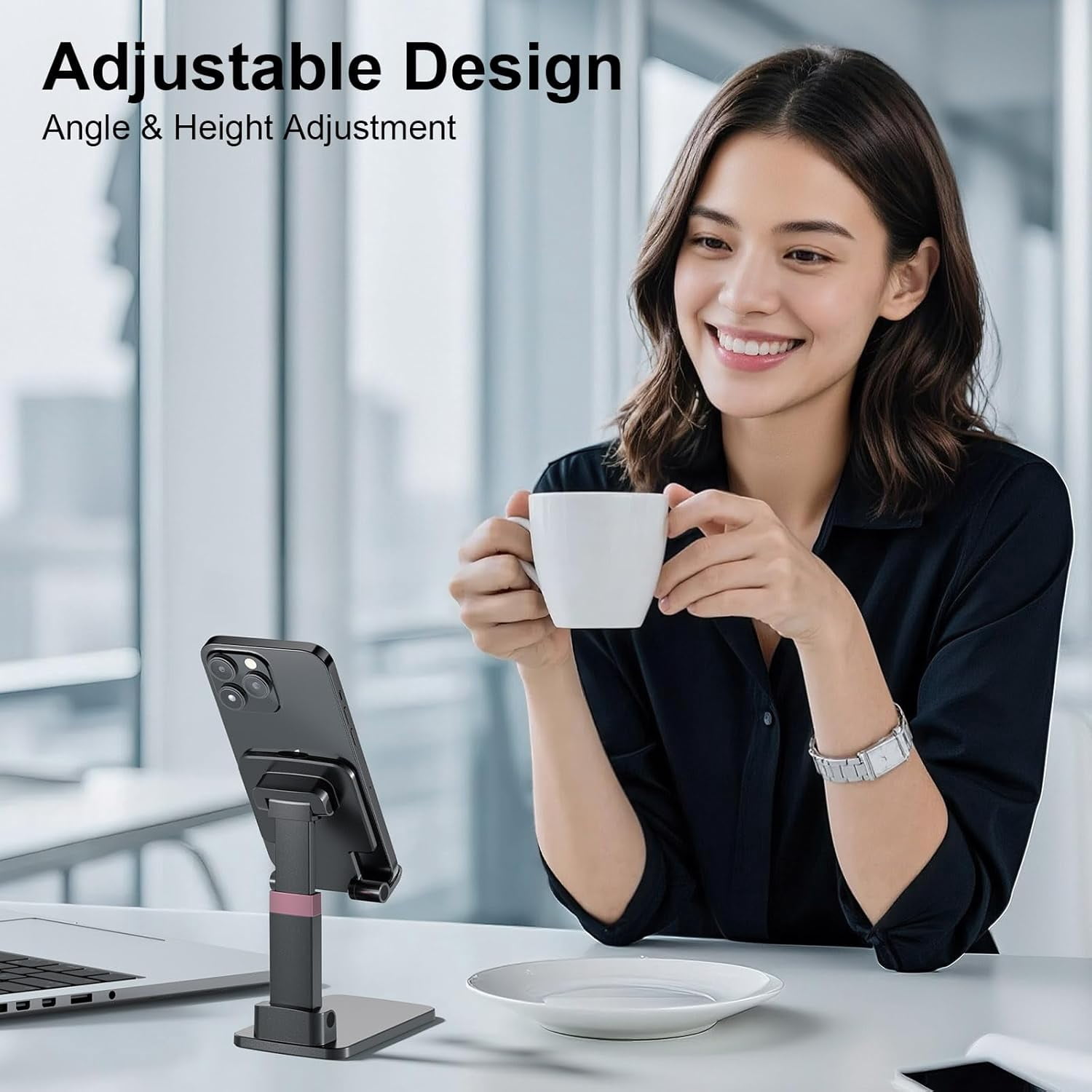 Phone Stand for Desk Cellphone Holder Height Angle Adjustable Stands, Anti-Slip Base, Compact Design for iPhone Android Devices,Black,1Pack
