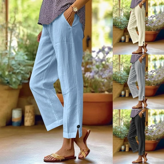 FRSASU Womens Spring Autumn Solid Casual Elastic Waist Pants Straight Leg Lightweight Cotton Linen Trousers Light Blue XL(XL)
