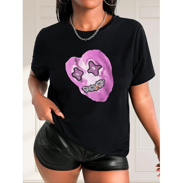 Camiseta informal con estampado de corazón y globo para mujer, manga corta y cuello redondo, punto de algodón negro para primavera/verano/otoño, atuendo informal de otoño | Camisa con estampado artíst