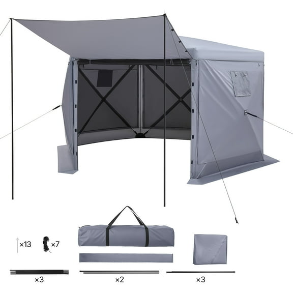 KFFKFF 12 x 12 ft Pop-Up Gazebo Screen Tent, 6-Sided Camping Canopy with Removable Roof & Carry Bag, Quick Setup & Insect-Resistant, Outdoor Shelter for 8-10 People, Grey
