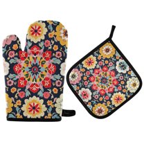 Yayeee Oven Mitts and Pot Holder Set of 4 Heat Resistant Kitchen Gloves Baking Hot Pad, Colorful Floral Pattern