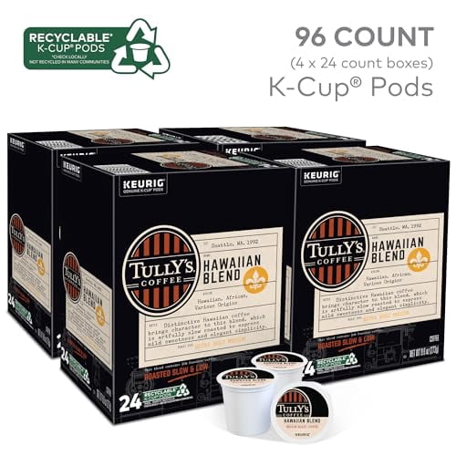 Tully's Coffee Hawaiian Blend Keurig Single-Serve K-Cup Pods, Medium Roast Coffee, 96 Count (4 Packs of 24)