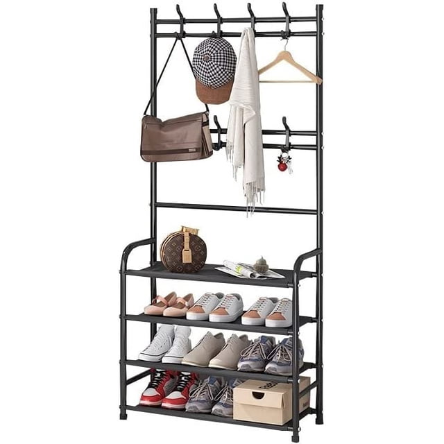 Perchero Rack Closet Ropero Practiksa con Zapatera Color Negro Perchero con Estante