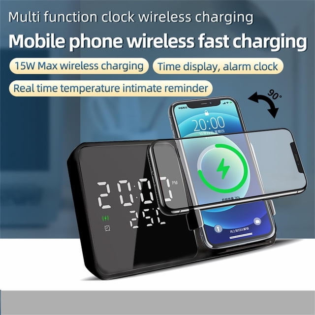 ¡Precios Increíbles, Descuento Ya!, Reloj despertador con cargador inalámbrico de 15 W, regulable, pantalla LED digital grande, 12/24 horas, monitor de temperatura (F/C) nocturno Akmoler