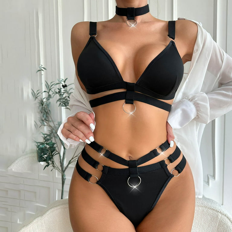 YYDGH Lingerie Set for Women O-Ring Linked Cut Out Choker Bra and Panty Set Bondage  Lingerie 3 Pieces Black L 