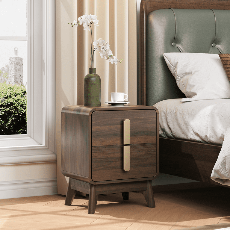JOINICE Black Walnut Nightstand, Mid-Century Modern, 2 Drawer Set