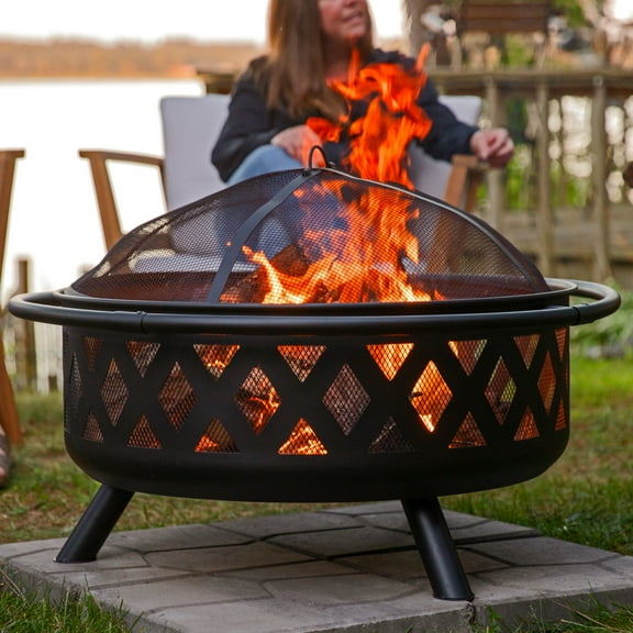 Sunnydaze Crossweave 36" Round Wood-Burning Black Finish Steel Outdoor Fire Pit with Screen