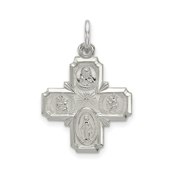 Sterling Silver Four-Way Catholic Cross Pendant Necklace with Jesus Virgin Mary Saints Engraving, Religious Medal for Men or Women, Christian Devotional Jewelry Symbolizing Faith and Protection