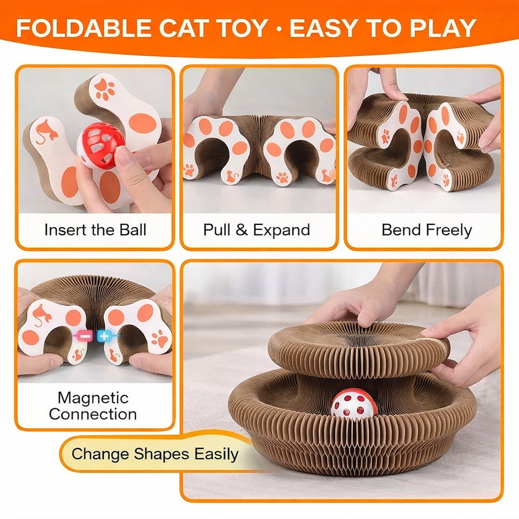 2 Pack Cat Toys Foldable Accordion Magic Organ Scratcher Board Ball Bell Track Interactive Features Multi Shape Deformable Design All Ages Indoor Play Furniture Protection Resting Bed For Cats