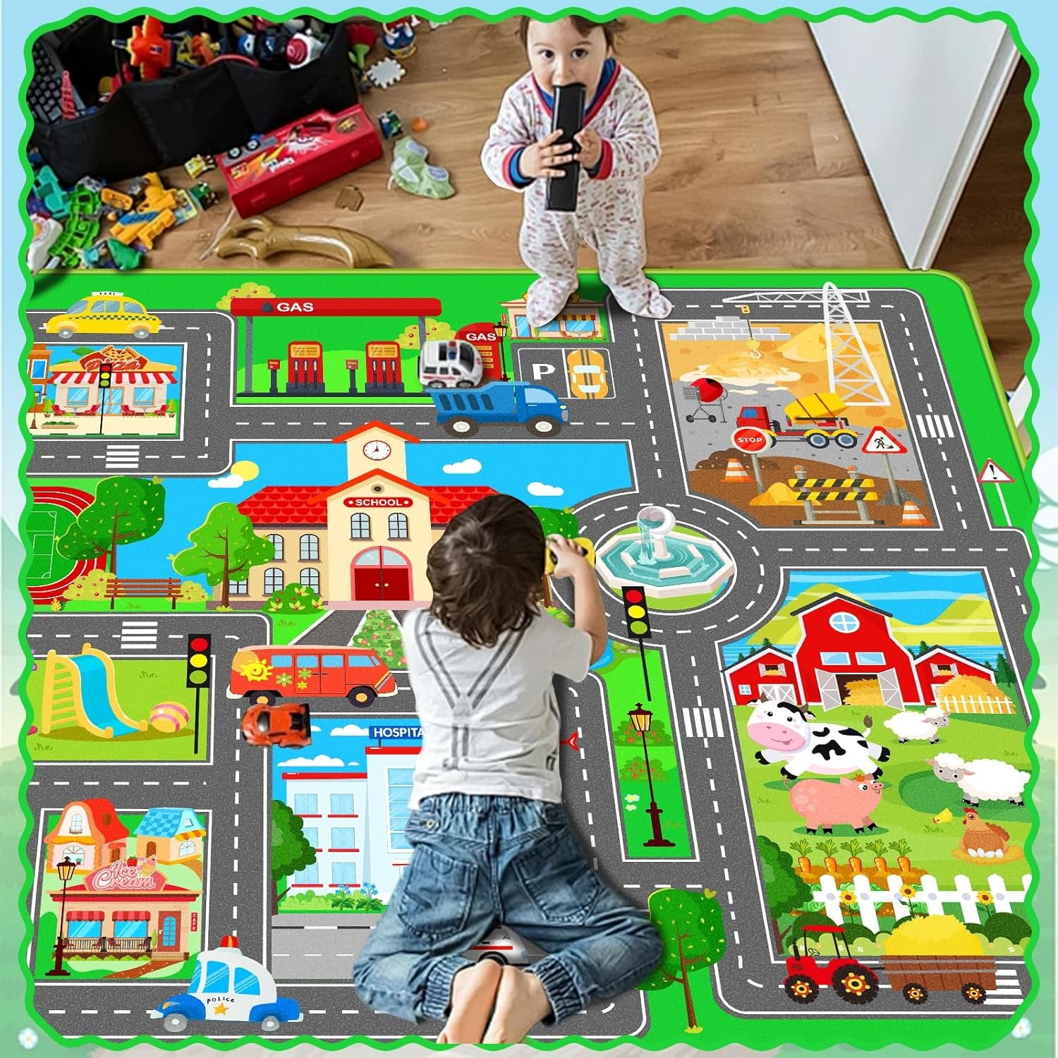 Kids Car Playmat, Kids Rug for Playroom Car Mat Town City Road Traffic Rugs, Play Mat for Floor, Extra Large Boys Kid Car Track Play Rug ( 78.7X 59 INCH)