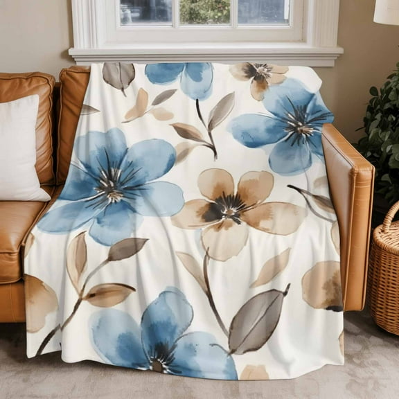 Throw Blanket for Couch Watercolor Flower Soft Fleece Flannel Blankets Cozy Lightweight Blanket for Home Sofa Living Room Blue Brown Bed Throws 60" x 80"