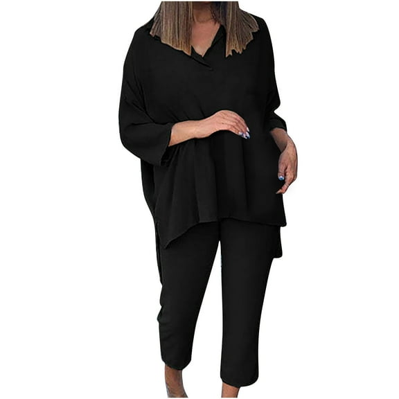 MIUOWANP Women's 2 Piece Outfits Women Casual Summer Solid Long Sleeve Tops And Long Pants Two Set Suit