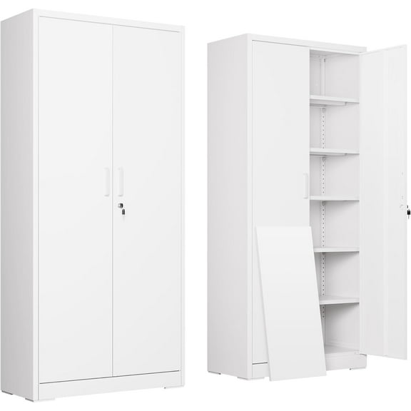 CZMJY Garage Storage Cabinet, Metal Storage Cabinet with 2 Doors and 5 Adjustable Shelves, 71'' Lockable Steel File Cabinet, White for Home, Office, Garage, Shool, Gym